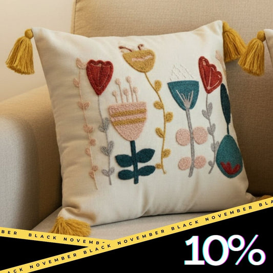Contempo Floral Collection – Square Embroidered Cushion Cover with Yellow Tassels – Heart & Tulip Motif – 43x43 cm