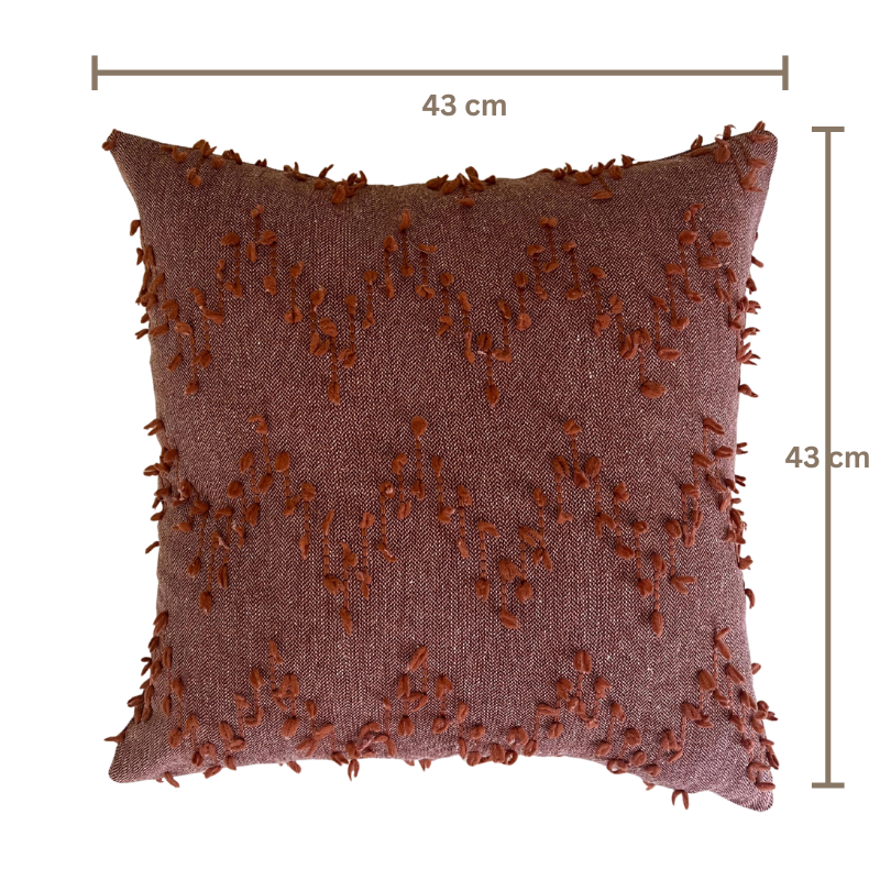 Polka Zigzag Collection – 43x43 cm Warm Terracotta embroidered cushion cover on beige sofa