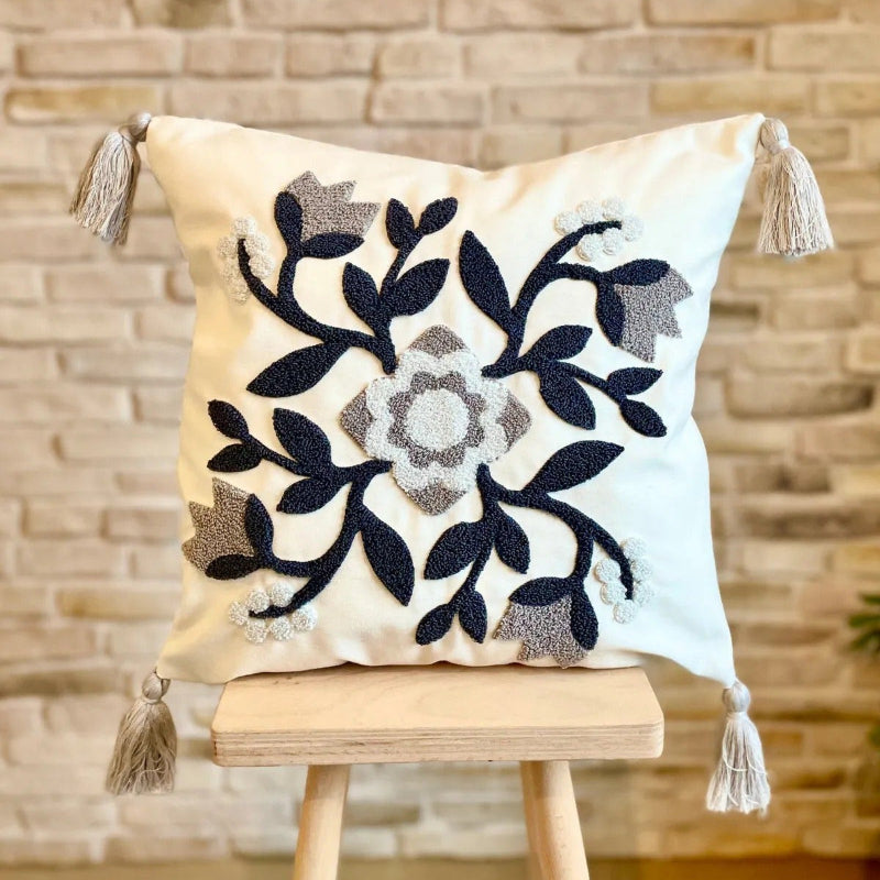 Timeless Collection square embroidered cushion cover with grey floral medallion and tassels – 43x43 cm