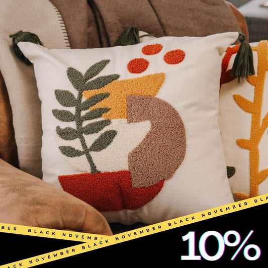 Abstract Garden Collection – Square Vase Embroidered Cushion Cover with Green Tassels – 43x43 cm