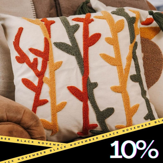 Abstract Garden Collection – Square Stems Embroidered Cushion Cover with Green Tassels – 43x43 cm