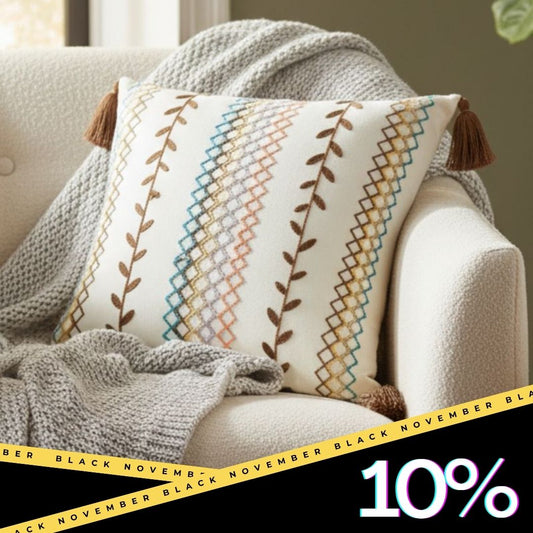 Boho Embroidered Cushion Cover with Tassels – Multi-Color Geometric Design (43x43 cm)