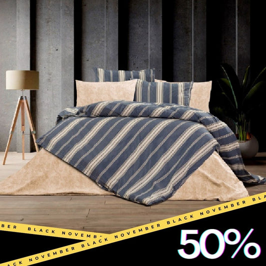 Striped Navy Blue & Beige Cotton Bedding Set – Modern Duvet Cover with Pillowcases