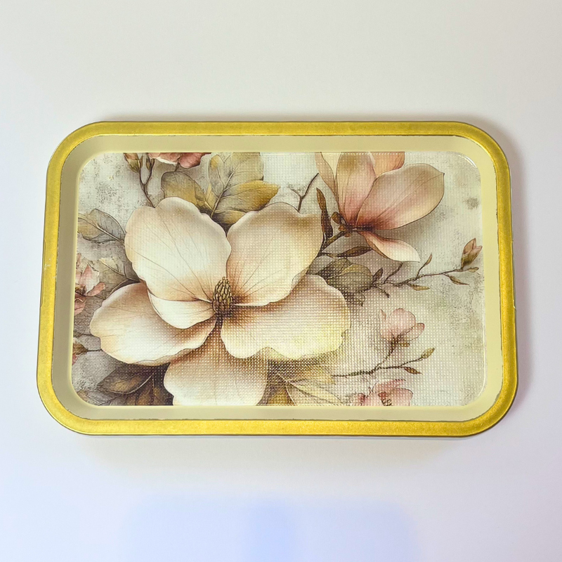 Rectangular serving tray with vintage cream and blush floral design and gold-toned border