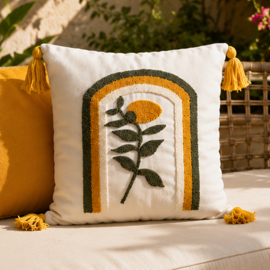 Handcrafted throw pillow with embroidered floral design, yellow tassels, and pastel arches in orange and green.