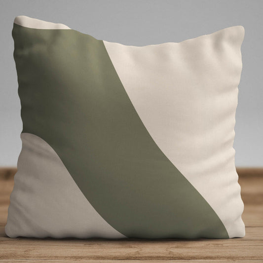 Minimalist cushion cover with olive green abstract geometric shape on a beige background