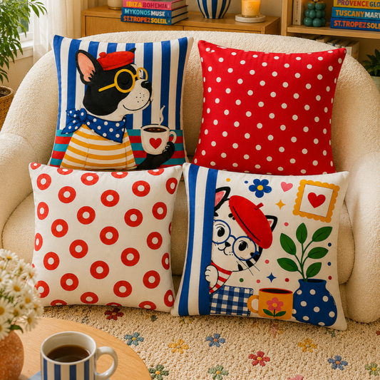 Set of four French café-inspired decorative cushion covers featuring playful animal illustrations with coordinating red and blue geometric patterns displayed on a cozy armchair.