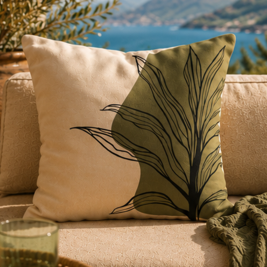 Minimalist cushion cover with black leaf line art on beige background with olive abstract shape
