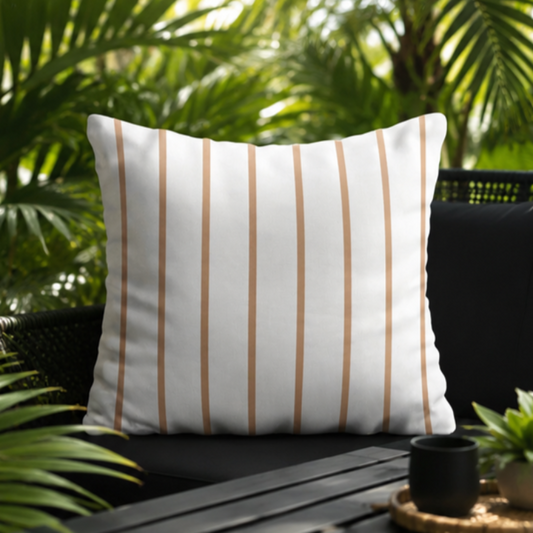 Minimal white cushion with thin beige vertical stripes in a modern neutral design