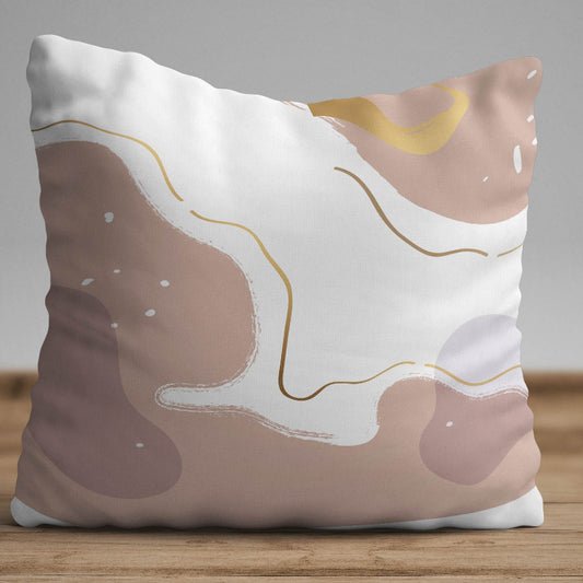 Beige and blush abstract cushion cover with soft flowing organic shapes on a white background