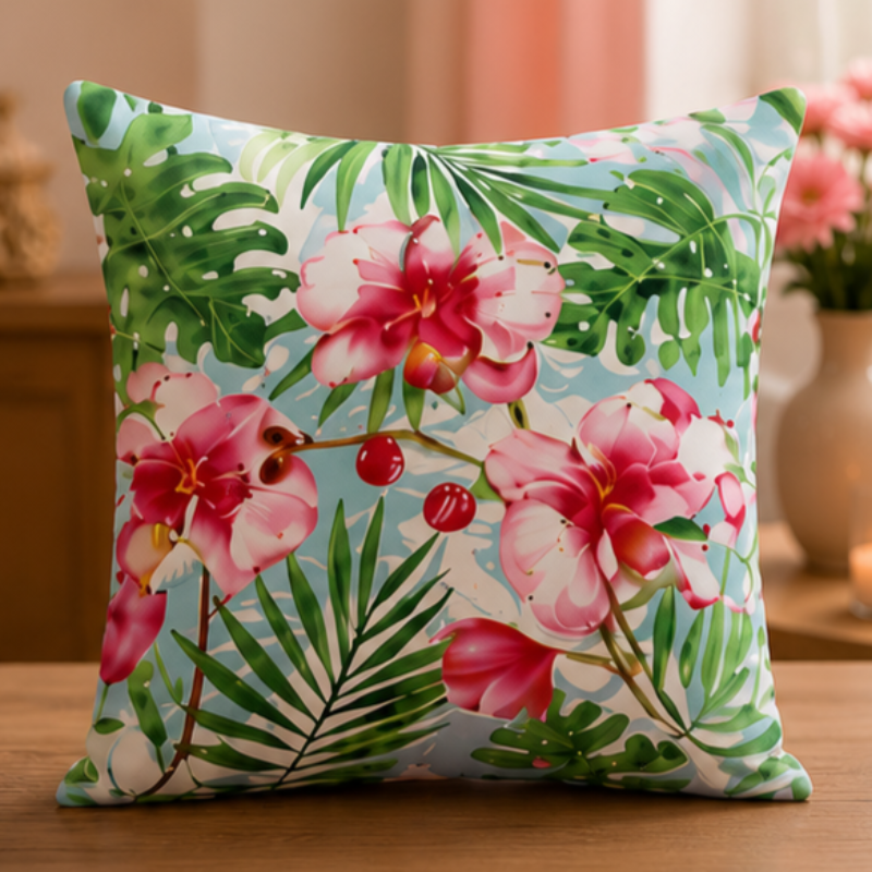 Tropical orchid cushion cover with pink flowers and green leaves on blue background decorative pillow