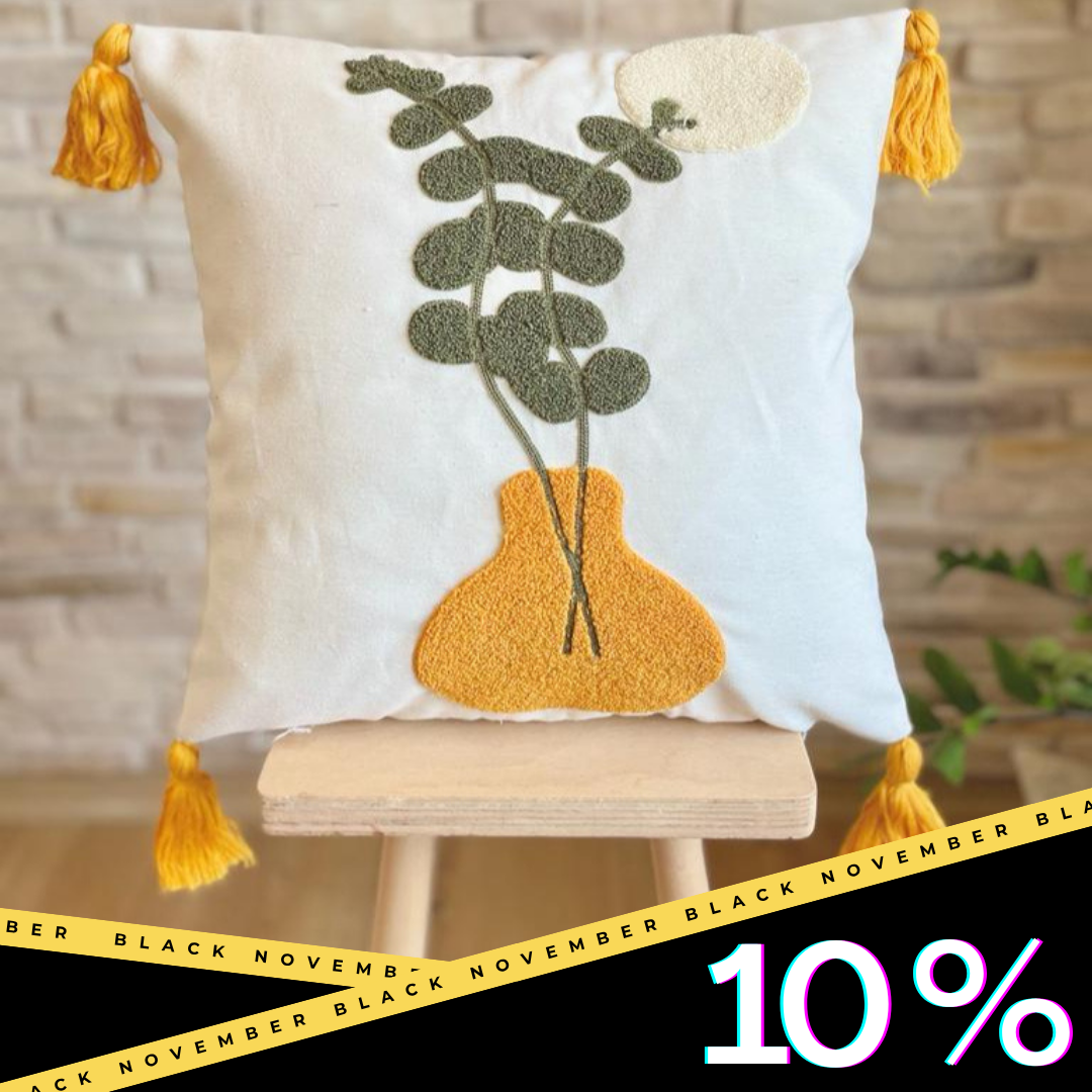Embroidered Boho Vase Cushion with Tassels – Decorative Throw Pillow