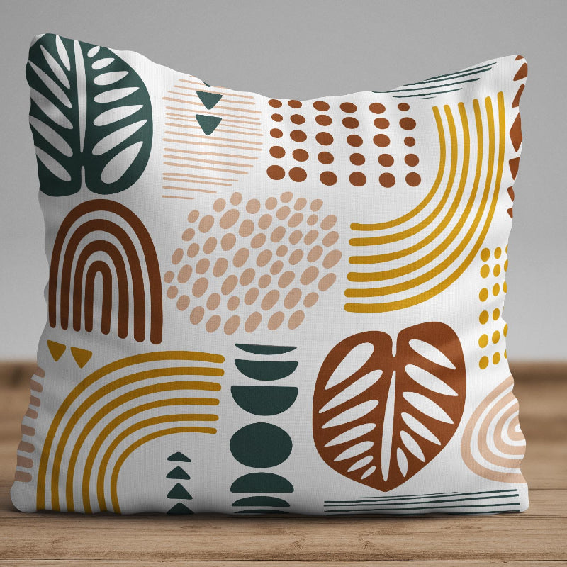 Modern abstract botanical cushion cover with geometric shapes and earth tone colors on decorative pillow