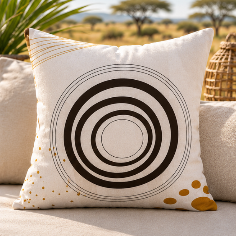 Minimalist cushion cover with concentric circle pattern in brown on beige background with gold accents