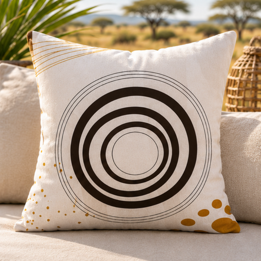 Minimalist cushion cover with concentric circle pattern in brown on beige background with gold accents
