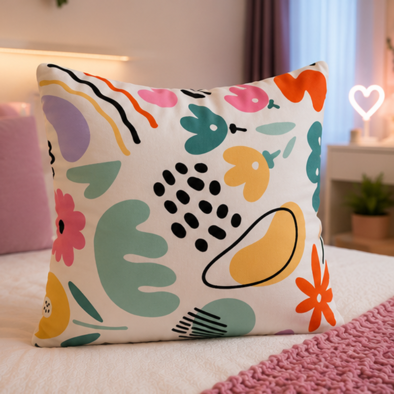 White cushion with pastel abstract shapes in a modern artistic pattern