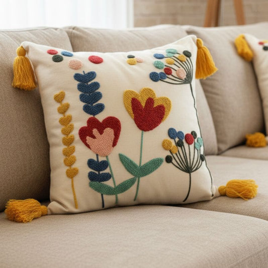 Vivid Bloom Collection – Square Embroidered Cushion Cover with Yellow Tassels – Tulip Meadow Motif – 43x43 cm