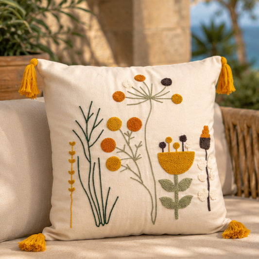 An off-white throw pillow with embroidered wildflowers and yellow tassels, resting on a beige outdoor sofa.