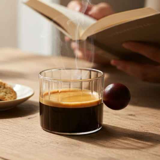 Ribbed glass mug with wooden ball handle on white background
Modern artistic coffee cup with ribbed glass body
Transparent glass mug with unique round wooden handle
Designer borosilicate glass mug for coffee or tea
