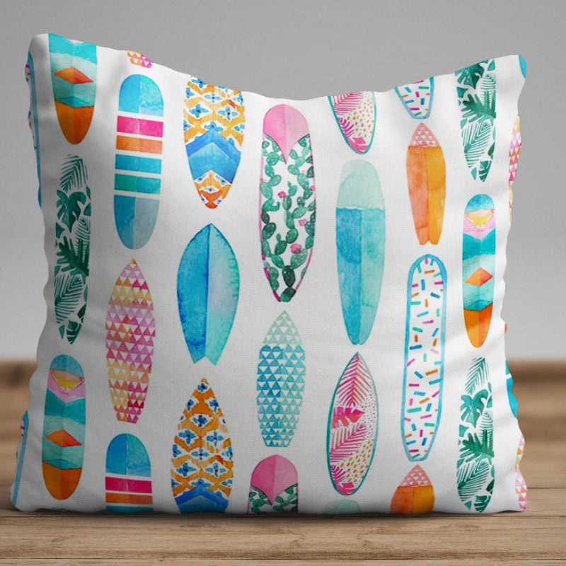 Colorful surfboard pattern cushion cover with tropical pastel designs on decorative pillow