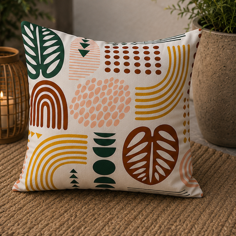 Modern abstract cushion cover with geometric shapes and earth tone colors on decorative pillow