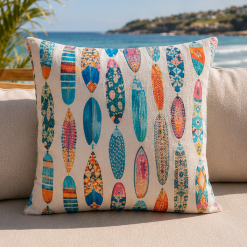 Colorful ikat pattern cushion cover with watercolor geometric design in teal, pink, and orange tones