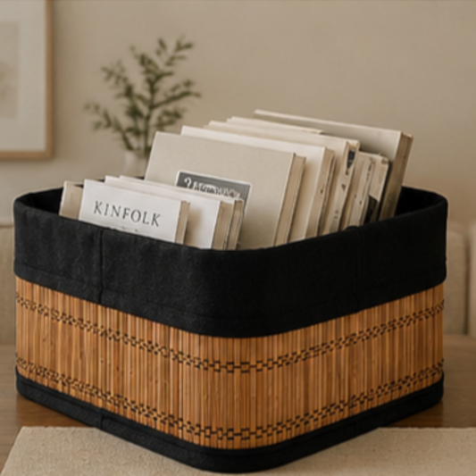 A rectangular storage basket with a natural bamboo slat body, black fabric sides, and black trim, filled with books and magazines on a tabletop in a softly lit indoor setting.