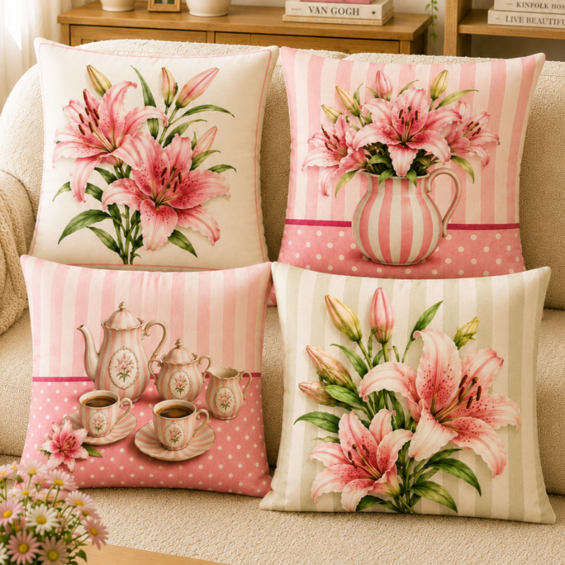 Set of four elegant blush pink decorative cushion covers featuring blooming lily bouquets, vintage tea set illustrations, striped ceramic vases, and soft pastel patterns displayed on a cozy cream sofa.