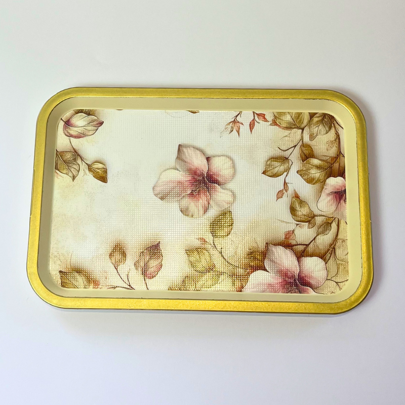Rectangular serving tray with vintage pink floral design, botanical leaves, and gold-toned border