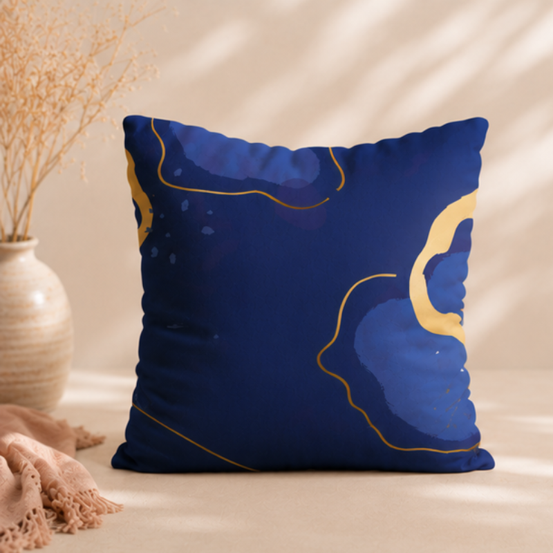 Navy blue cushion cover with gold abstract lines and soft artistic textures on a modern decorative pillow