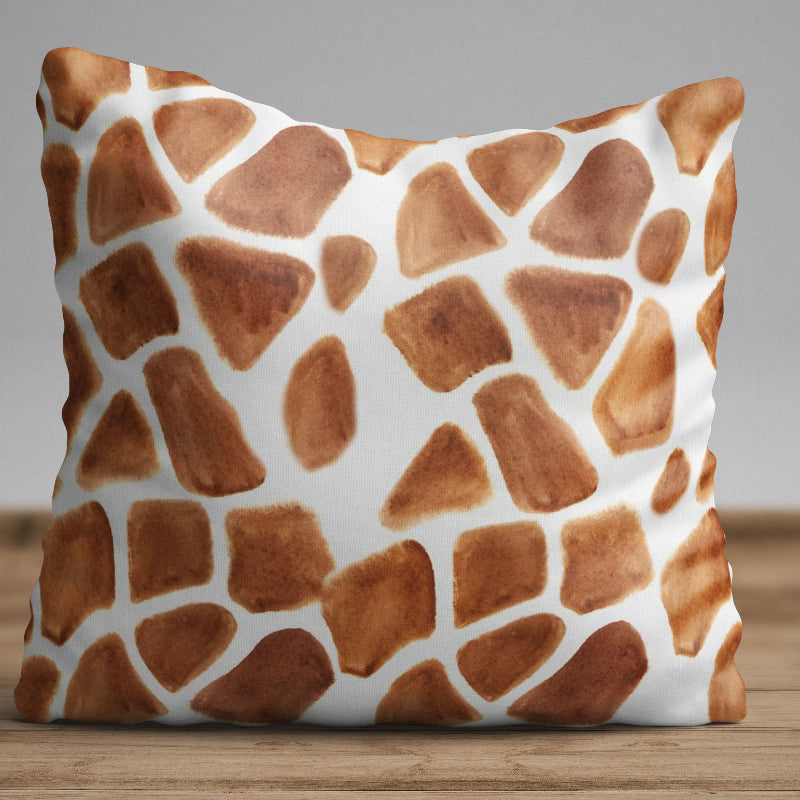 Giraffe print cushion cover with brown watercolor animal pattern on decorative pillow