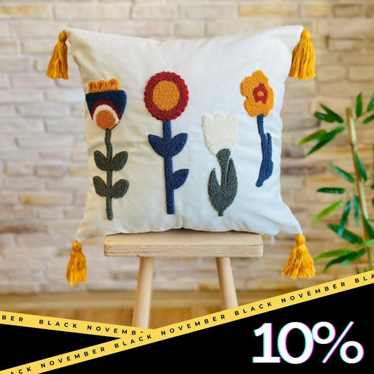 Sunny Bloom Collection – Square Floral Embroidered Cushion Cover with Yellow Tassels – 43x43 cm