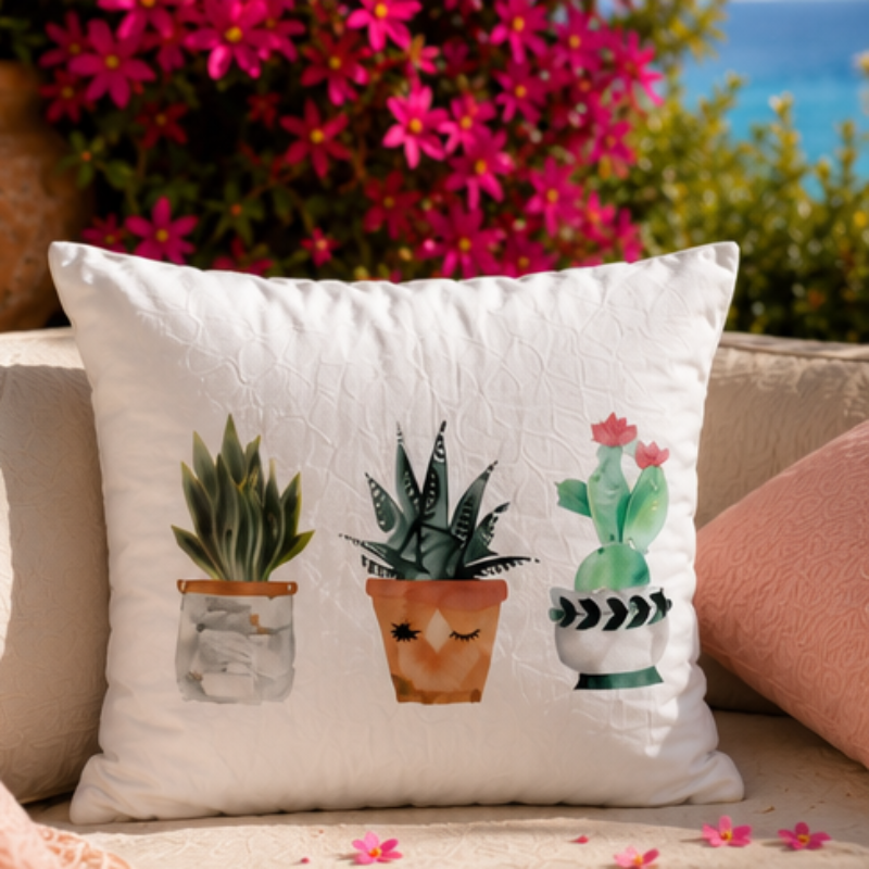 Cute watercolor cactus cushion cover with small potted plants on minimalist white decorative pillow
