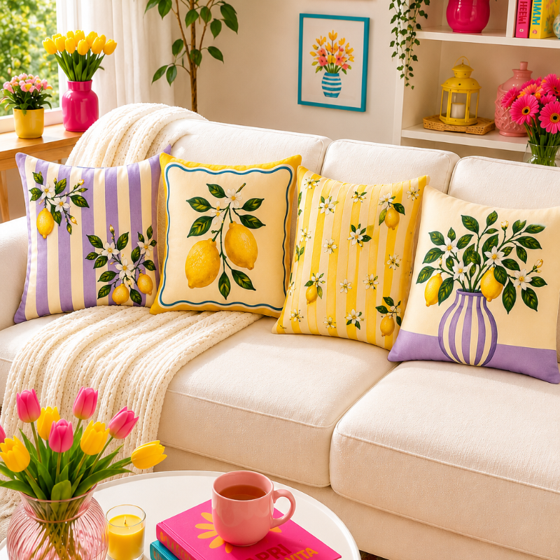 Set of four Mediterranean-inspired decorative cushion covers featuring lemons, citrus blossoms, elegant striped patterns, and a lavender ceramic vase displayed on a modern cream sofa.