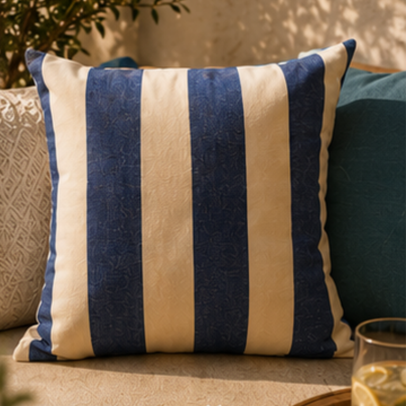 Navy blue and white striped decorative cushion cover with classic coastal and nautical design