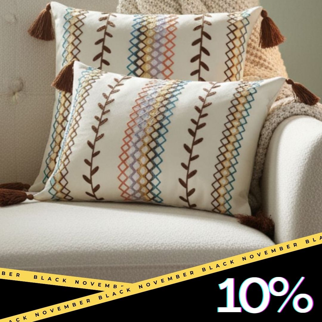 Boho Embroidered Rectangular Cushion Cover with Tassels – Multi-Color