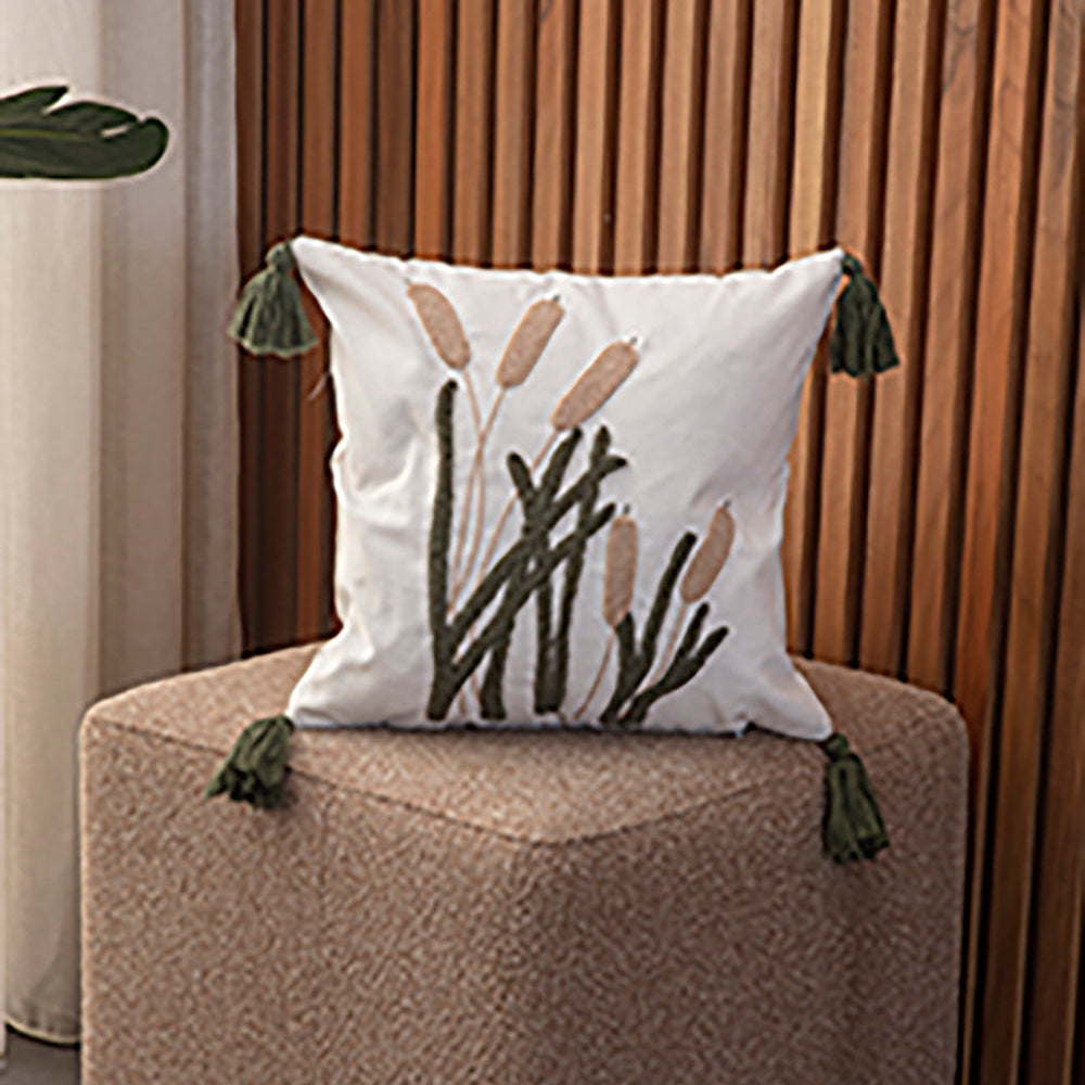 Evergreen Collection reed embroidered cushion cover with beige cattails, green stems, and green tassels – 43x43 cm decorative pillow