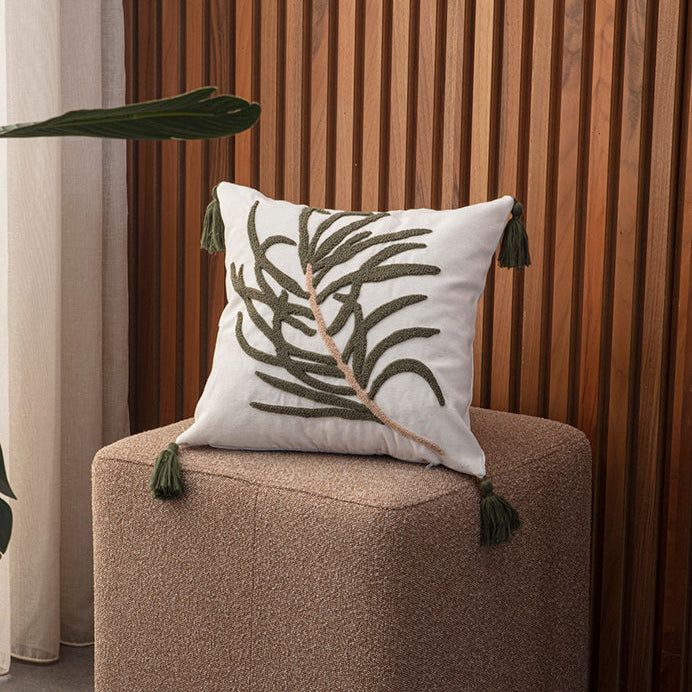 Evergreen Collection botanical leaf embroidered cushion cover with green tassels on cream background – 43x43 cm decorative pillow