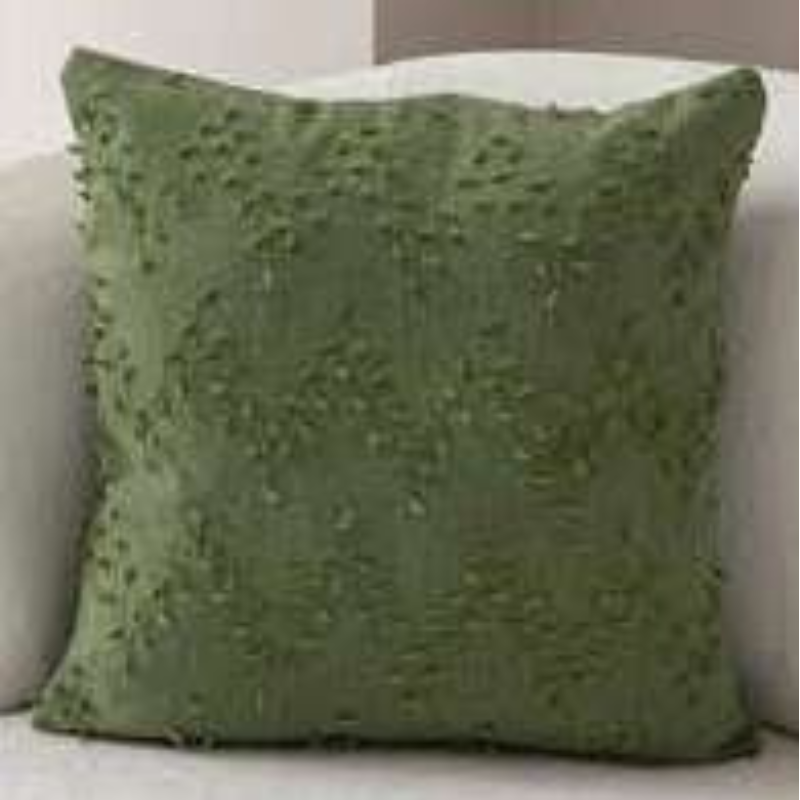 Polka Zigzag Collection – 43x43 cm leafy green embroidered cushion cover on beige sofa