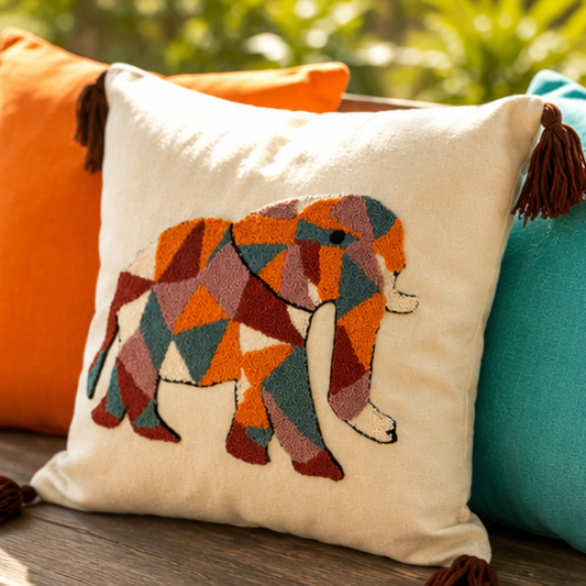Geometric elephant embroidered cushion cover with colorful patchwork and tassels – 43x43 cm boho style pillow cover