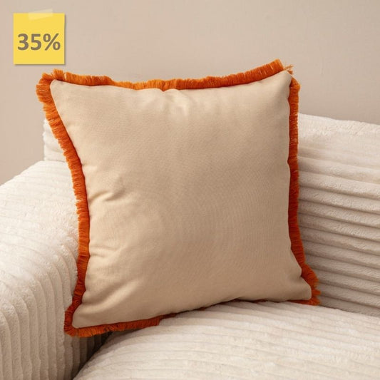 Beige cushion cover with orange fringe on sofa – 43x43 cm
Decorative beige pillow with vibrant orange edges for living room décor
Close-up of beige cushion with orange fringe trim
Modern decorative pillow in beige with bold orange fringe