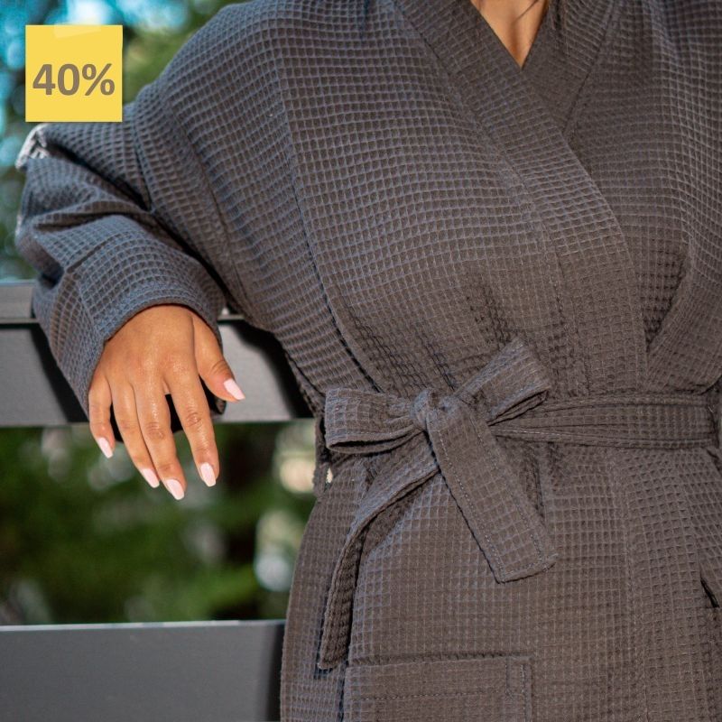 Grey Waffle Cotton Bathrobe – Lightweight Spa Robe