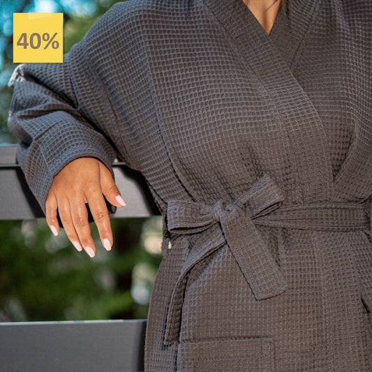 Grey Waffle Cotton Bathrobe – Lightweight Spa Robe