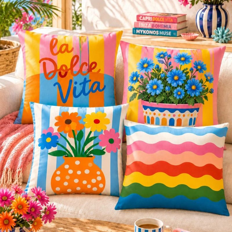 Set of four colorful Mediterranean-inspired decorative cushion covers featuring "La Dolce Vita" typography, floral ceramic planters, striped backgrounds, and a vibrant rainbow wave pattern displayed on a modern cream sofa.