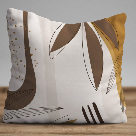 Abstract botanical cushion cover with brown and mustard leaf shapes on beige background