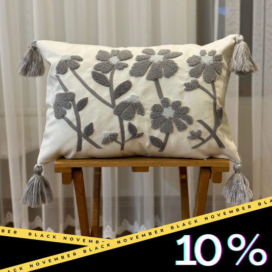 Elegant Tufted Floral Rectangular Cushion Cover with Tassels – Neutral Decor