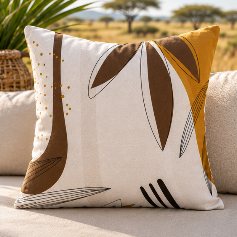 A square throw pillow with an abstract botanical pattern in brown, mustard yellow, black, and white, resting on a beige sofa with a blurred outdoor savanna background.
