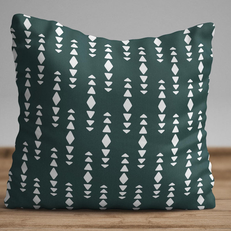 Dark green geometric cushion cover with minimalist white pattern on decorative pillow