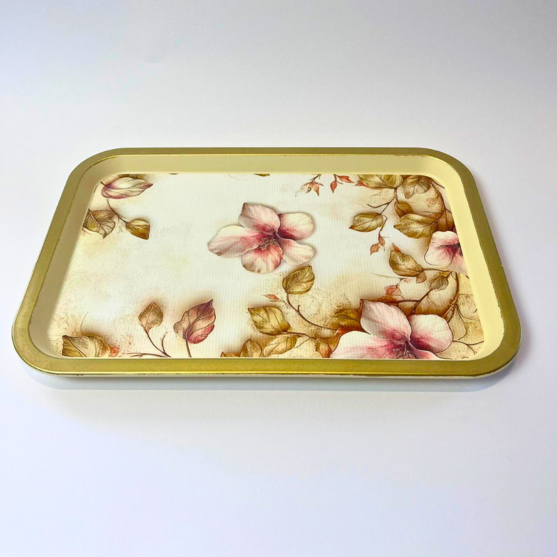 Rectangular serving tray with vintage pink floral design, botanical leaves, and gold-toned border