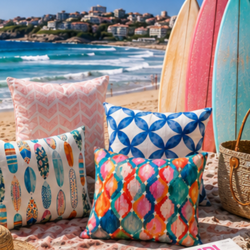 Colorful ikat pattern cushion cover with watercolor geometric design in teal, pink, and orange tones